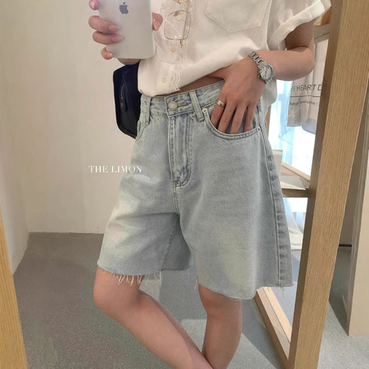 【LHT002】實拍檸檬韓系復古時髦✨淺藍水洗抽鬚寬鬆休閒牛仔五分褲260408