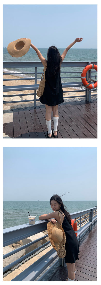 【H5311】韓系夏季方領褶邊裙襬直筒吊帶洋裝250610