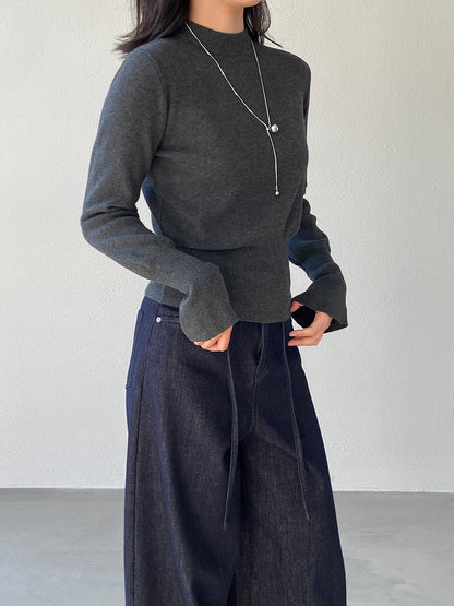 【cimz3012】實拍韓系氣質半高領喇叭袖收腰針織衫251201