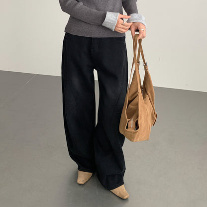 【LD11023】實拍S~XL顯瘦加絨加厚高腰寬鬆彎刀牛仔褲＋腰帶251124