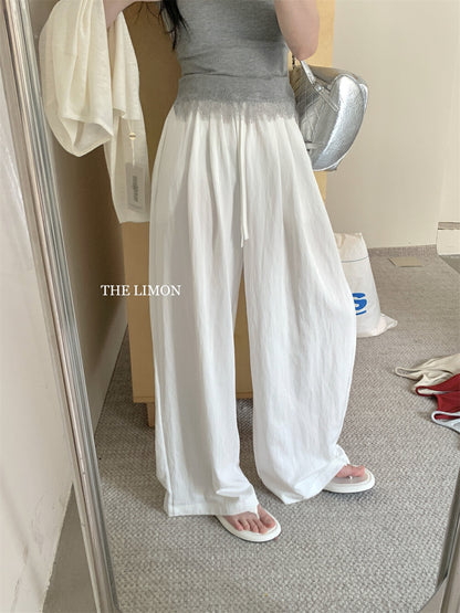 【L8501】實拍檸檬簡約舒適抽繩闊腿褲250414