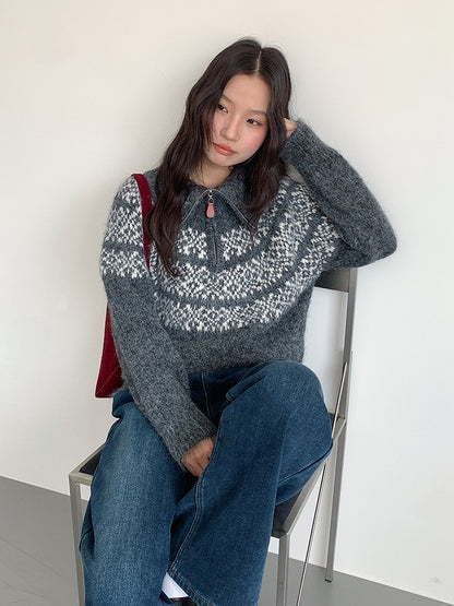 【LD11004】實拍兔絨毛混紡費爾島針織毛衣半拉鏈大翻領251110