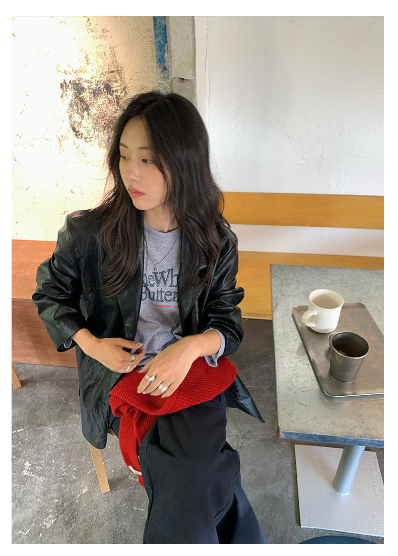 【H5398】實拍韓系高級感黑色皮衣西裝外套250902