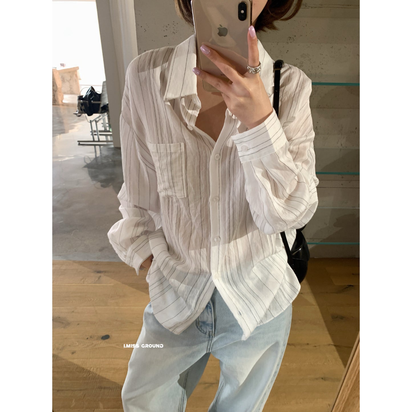 【LR90575】IMISS 極簡時髦美學☕復古條紋口袋顯瘦翻領長袖襯衫260323