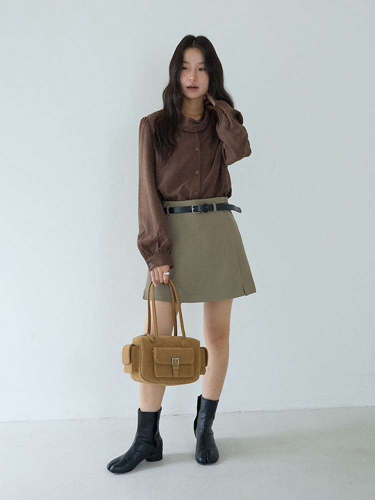 【LD3194】實拍秋冬個性立領飄帶襯衫251110