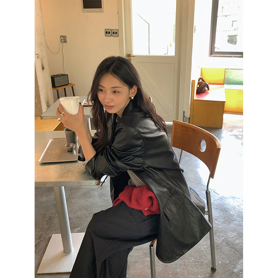 【H5398】實拍韓系高級感黑色皮衣西裝外套250902