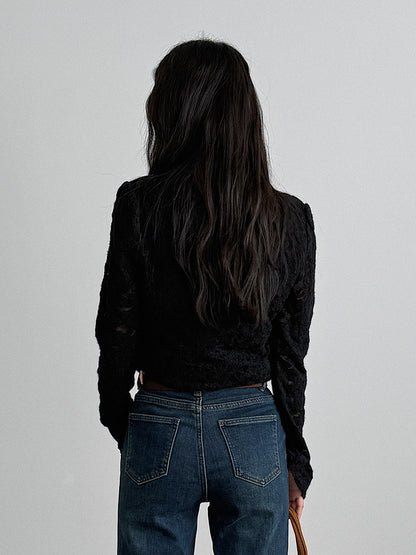 【LD3295】實拍法式喇叭袖加絨蕾絲衫251103