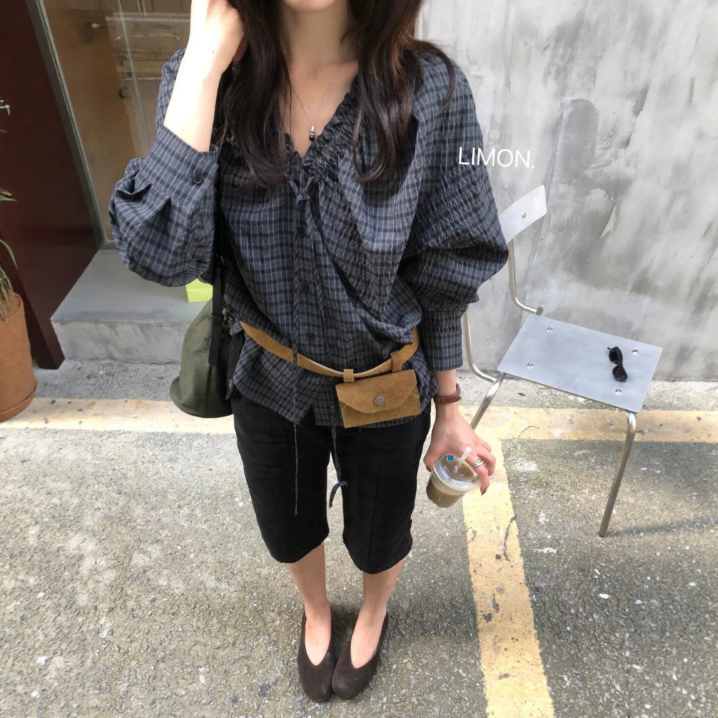 【L11016】檸檬2026早秋韓系少女復古格紋綁帶V領長袖襯衫260728