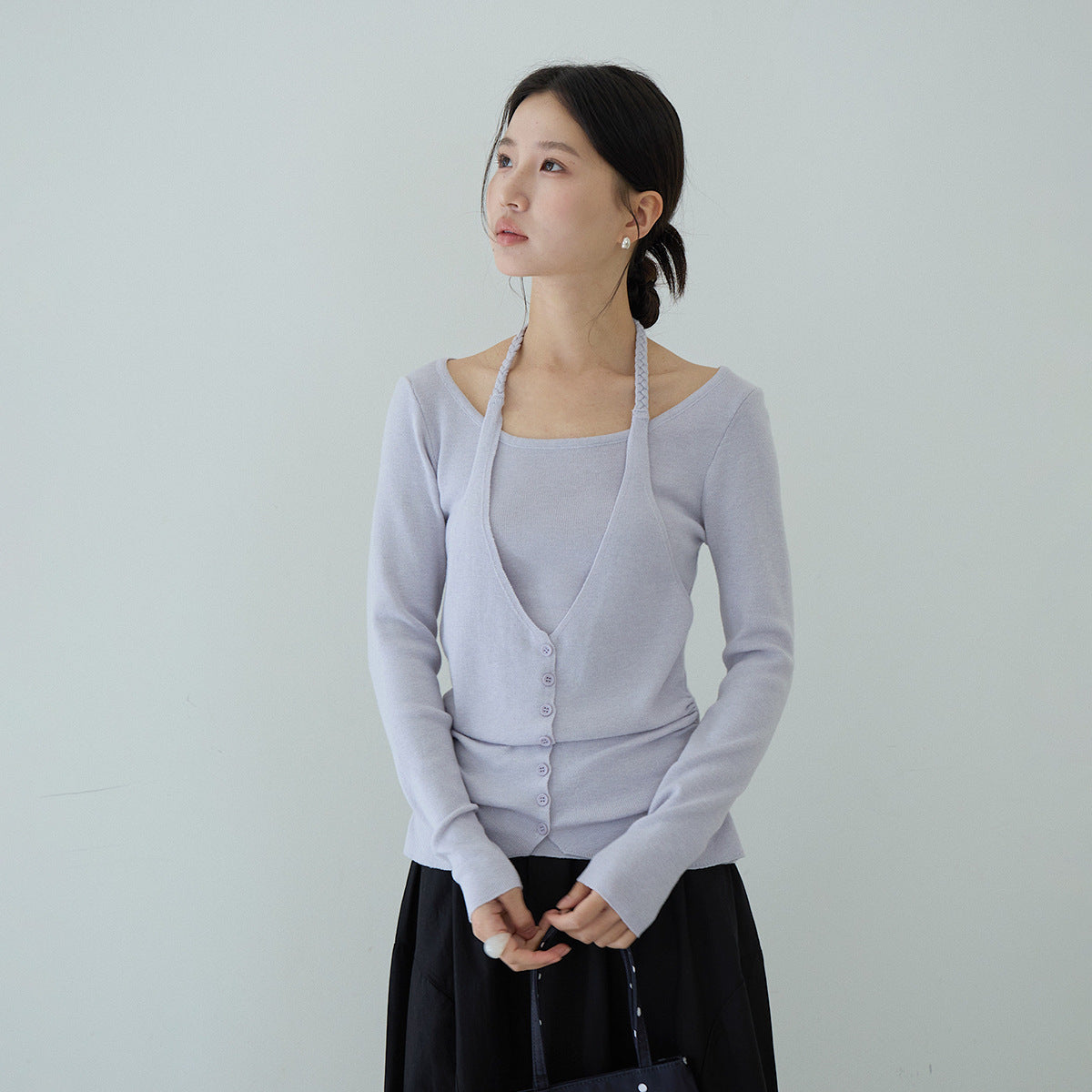 【LD11170】實拍韓系純慾微性感✨淡紫掛脖假兩件收腰顯瘦長袖針織衫260317