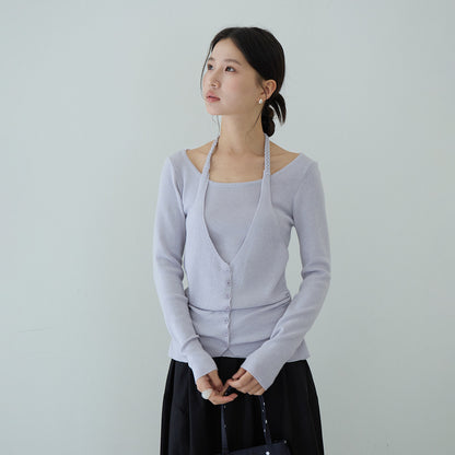 【LD11170】實拍韓系純慾微性感✨淡紫掛脖假兩件收腰顯瘦長袖針織衫260317