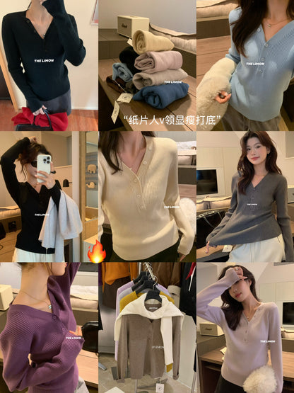 【L99909】檸檬秋冬超修身V領纽扣長袖針織衫251117