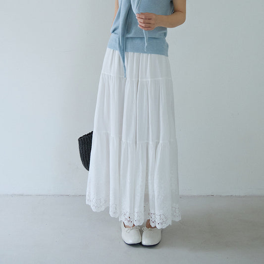 【LD11197】實拍仙女小白裙！法式鏤空蕾絲花邊拼接高腰A字裙260331