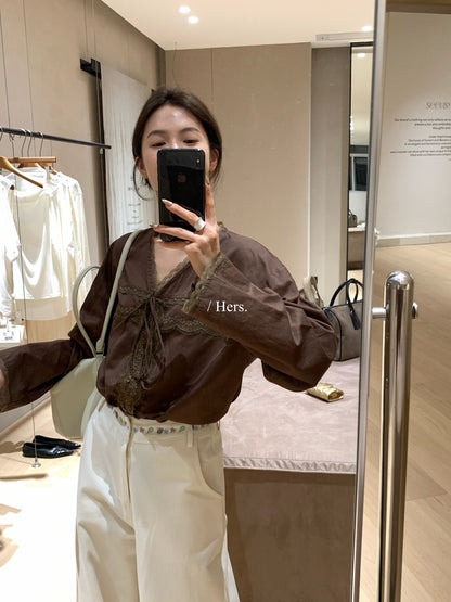 【L80322】Hers法式溫柔度假風🌸百搭顯瘦綁帶V領長袖襯衫260323