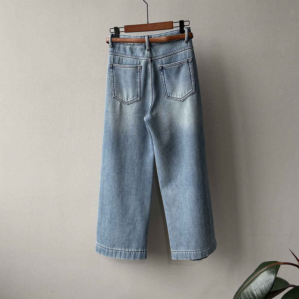 【Y981316】實拍S~XL冬季高腰加絨直筒牛仔褲含腰帶251106