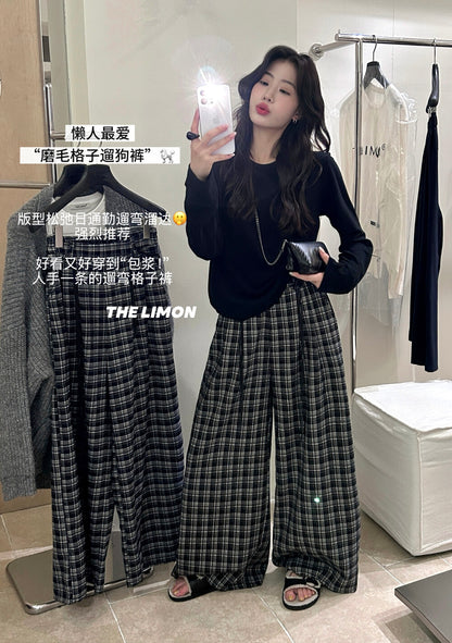 【L1133】實拍檸檬秋季格紋磨毛高腰闊腿褲＋腰帶250930