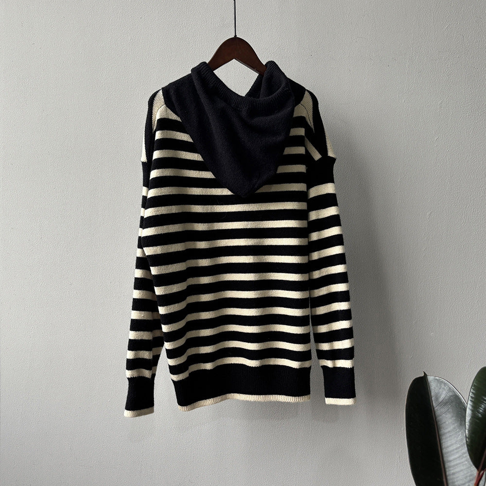 【Y899】實拍冬季條紋針織連帽毛衣251106