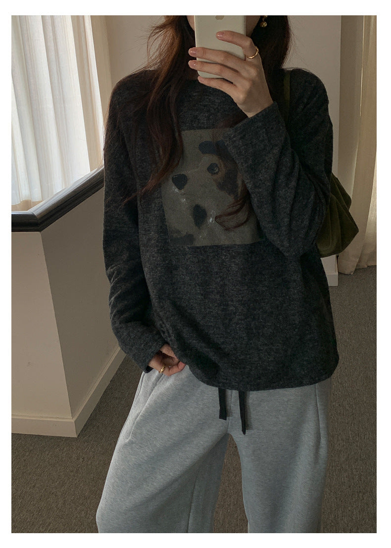 【H5499】實拍 復古磨毛狗狗印花長袖T恤251118