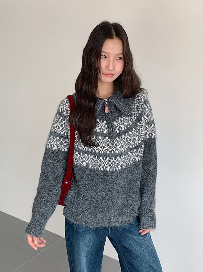 【LD11004】實拍兔絨毛混紡費爾島針織毛衣半拉鏈大翻領251110