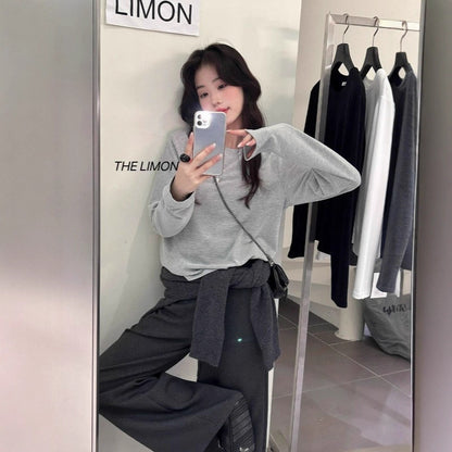 【L9257】實拍檸檬長袖雲朵絨舒適簡約圓領長袖T恤251117