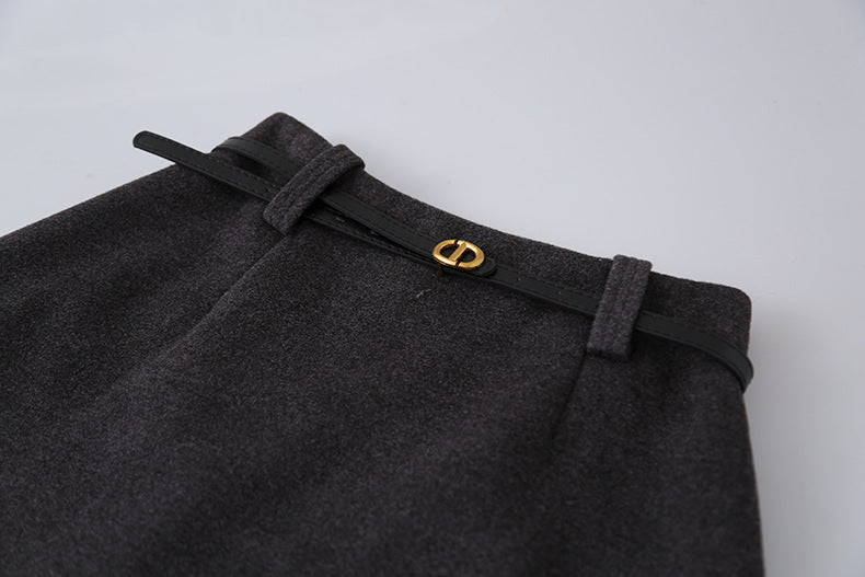 【LD11070】實拍氣質毛呢A字傘裙＋腰帶251209