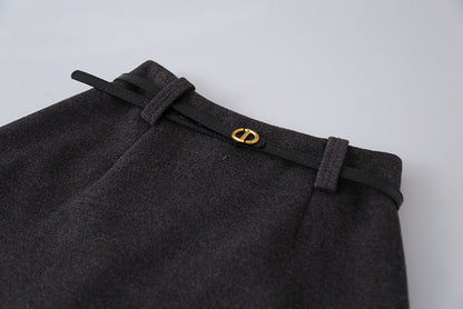 【LD11070】實拍氣質毛呢A字傘裙＋腰帶251209