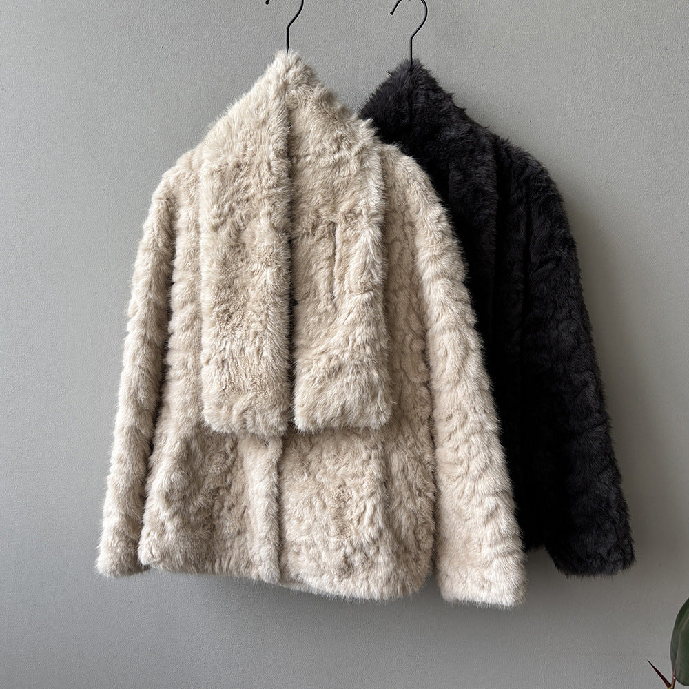 【YH707】實拍高質感毛茸茸仿皮毛保暖一体毛绒外套＋圍巾251113