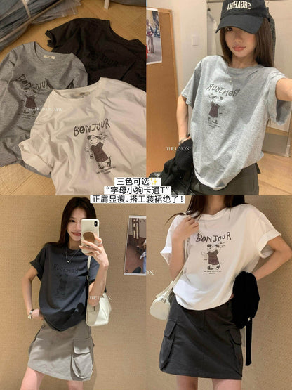 【L10378】陽光元氣女孩☀️韓系休閒字母小狗印花寬鬆顯瘦圓領短袖T恤260518