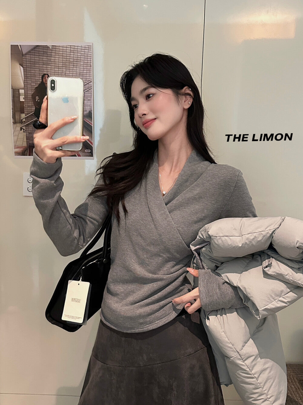 【L9312】檸檬法式簡約交叉羊絨薄绒V領長袖T恤251117