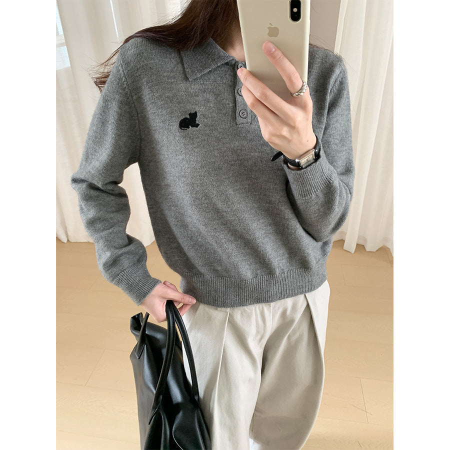 【H564】實拍貓咪刺繡Polo針織衫251021