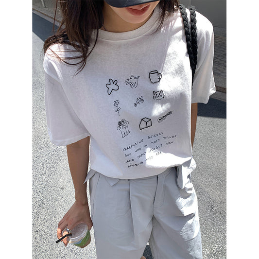 【H5201】實拍韓系刺繡＋印花棉質寬鬆短袖T恤250422