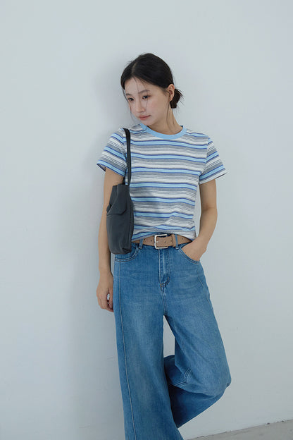 【LD11184】夏日清新海鹽藍🌊時髦百搭正肩顯瘦條紋圓領短袖T恤260324