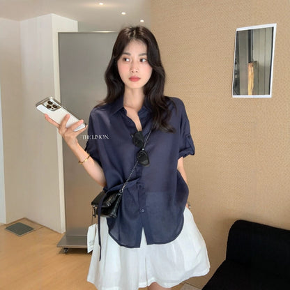 【L10623】韓系簡約通勤☕百搭顯瘦不規則綁帶翻領短袖襯衫260511