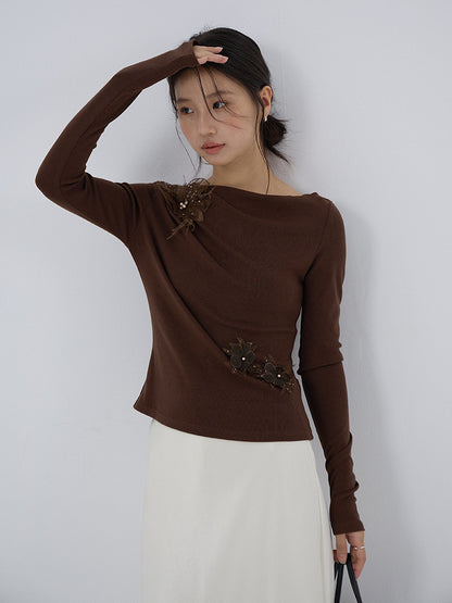 【LD3277】實拍立體花朵長袖一字領T恤251103