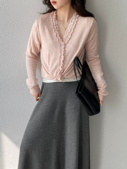 【cimz5643】韓系清新氧氣感🍃寬鬆顯瘦木耳邊V領花邊薄款針織上衣260319