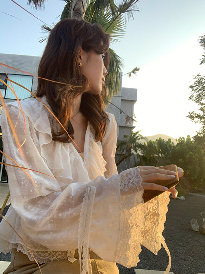 【L10159】實拍檸檬家法式浪漫少女感🎀氣質荷葉邊V領收腰顯瘦薄上衣260330