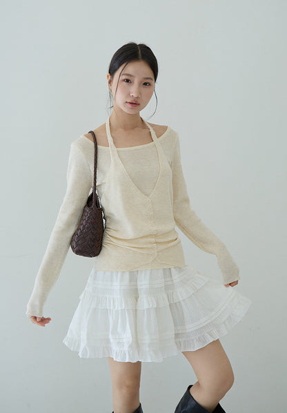 【LD11170】實拍韓系純慾微性感✨淡紫掛脖假兩件收腰顯瘦長袖針織衫260317