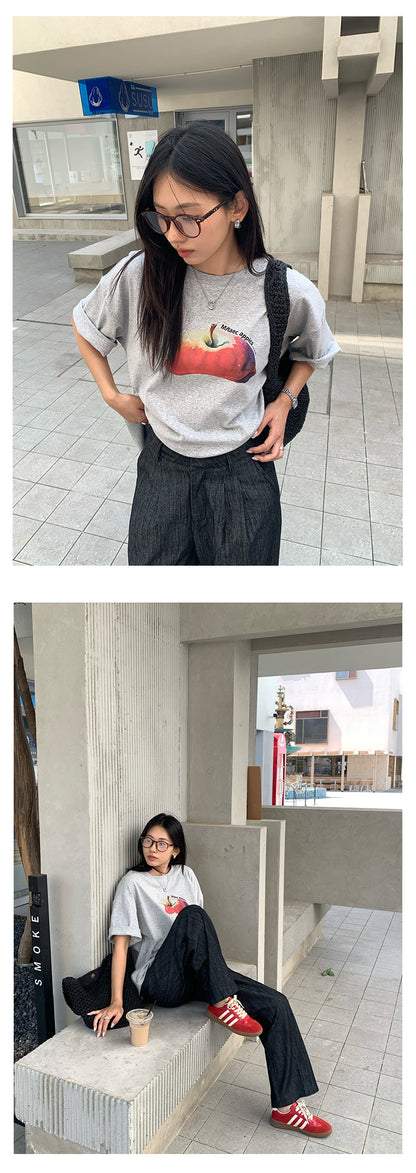 【H5285】實拍夏天韓國蘋果印花大版短袖寬鬆T恤250603