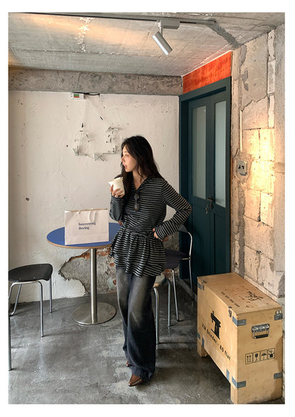 【H5402】實拍復古做舊洗水黑灰色廓形牛仔褲250902