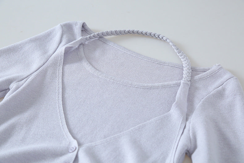 【LD11170】實拍韓系純慾微性感✨淡紫掛脖假兩件收腰顯瘦長袖針織衫260317