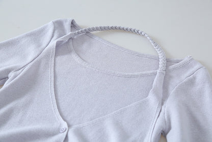 【LD11170】實拍韓系純慾微性感✨淡紫掛脖假兩件收腰顯瘦長袖針織衫260317