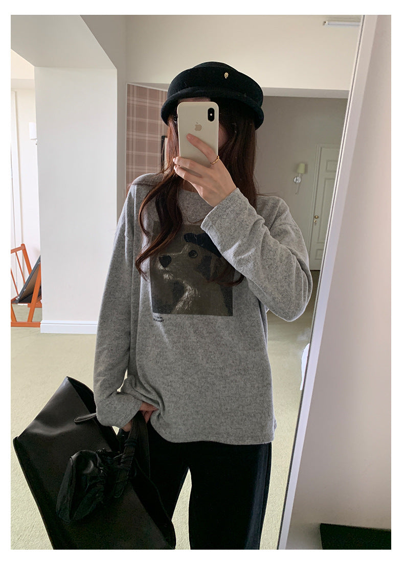 【H5499】實拍 復古磨毛狗狗印花長袖T恤251118