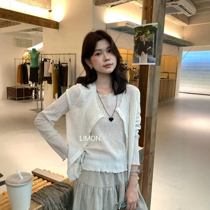 【L11075】檸檬秋季新品時髦肌理感木耳邊長袖小外套+背心兩件套裝260728