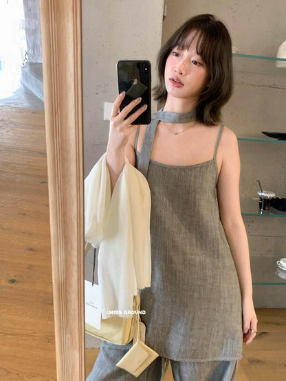 【】IMISS高品质亚麻吊带背心女2026夏季新款时尚百搭小衫衣服(配飘带