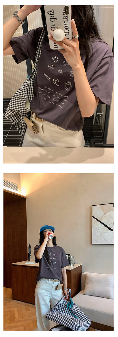 【H5201】實拍韓系刺繡＋印花棉質寬鬆短袖T恤250422