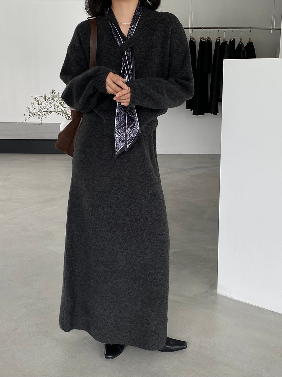 【cim823】實拍韓系軟糯短版針織毛衣+絲巾+針織長裙251030