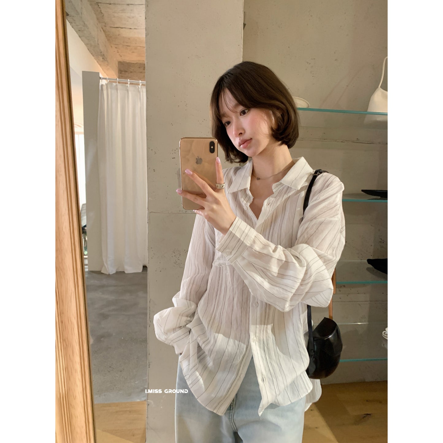 【LR90575】IMISS 極簡時髦美學☕復古條紋口袋顯瘦翻領長袖襯衫260323