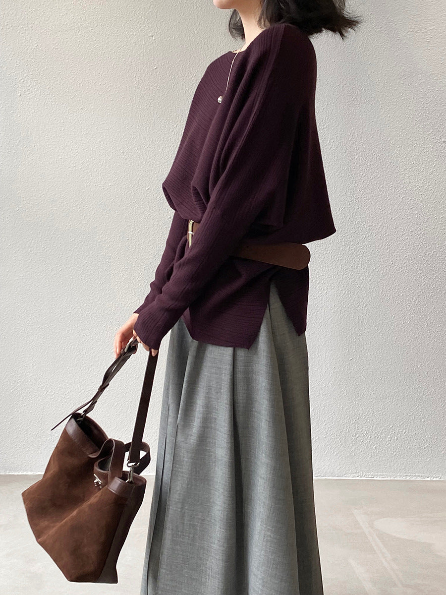 【cim9033】實拍韓系高級感長袖斜肩針織衫＋腰帶251030