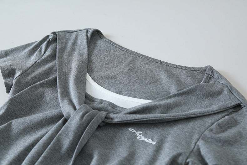 【LD11174】實拍設計感韓系絕美粉色帶披肩/綁帶假兩件短袖T恤260317