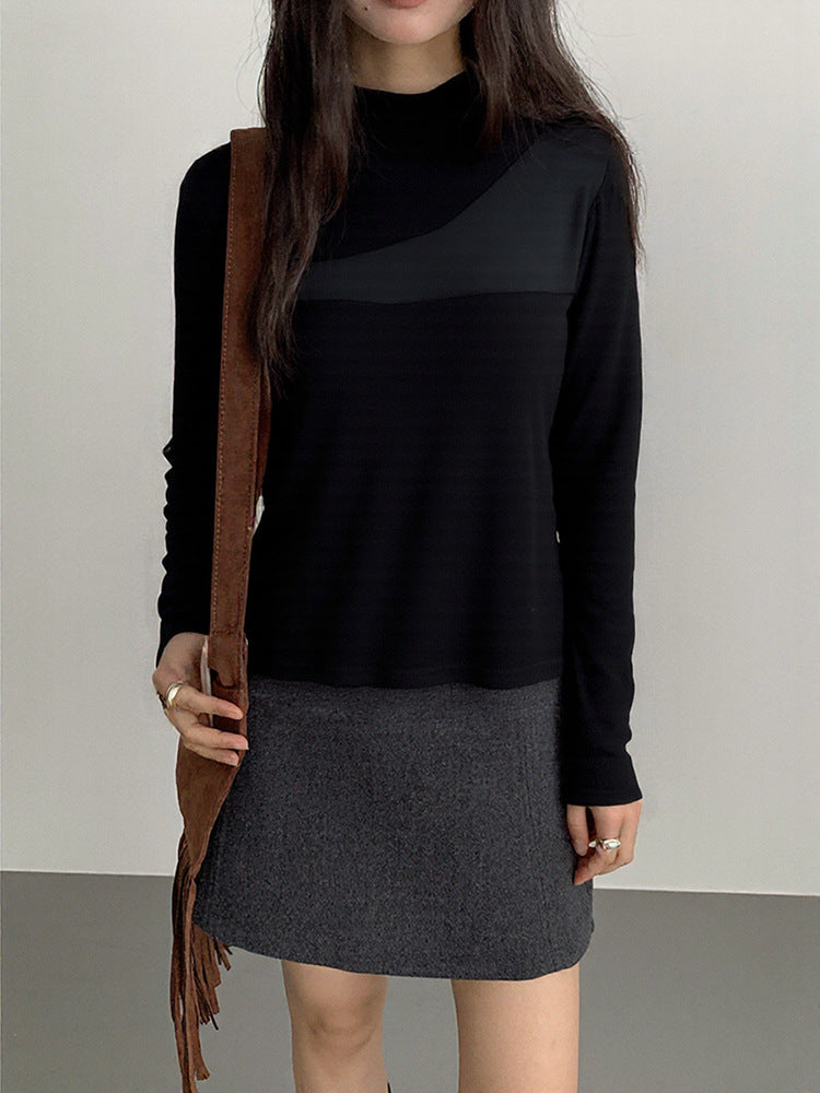 【LD11024】實拍氣質網紗拼接加絨半高領長袖T恤251124