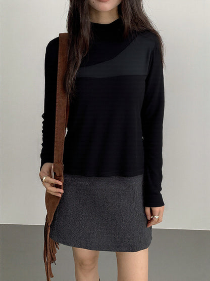 【LD11024】實拍氣質網紗拼接加絨半高領長袖T恤251124